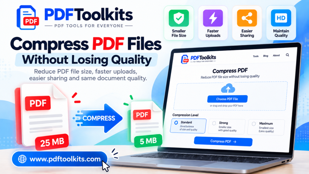 PDFToolkits online PDF compressor showing how to reduce PDF file size from 25 MB to 5 MB